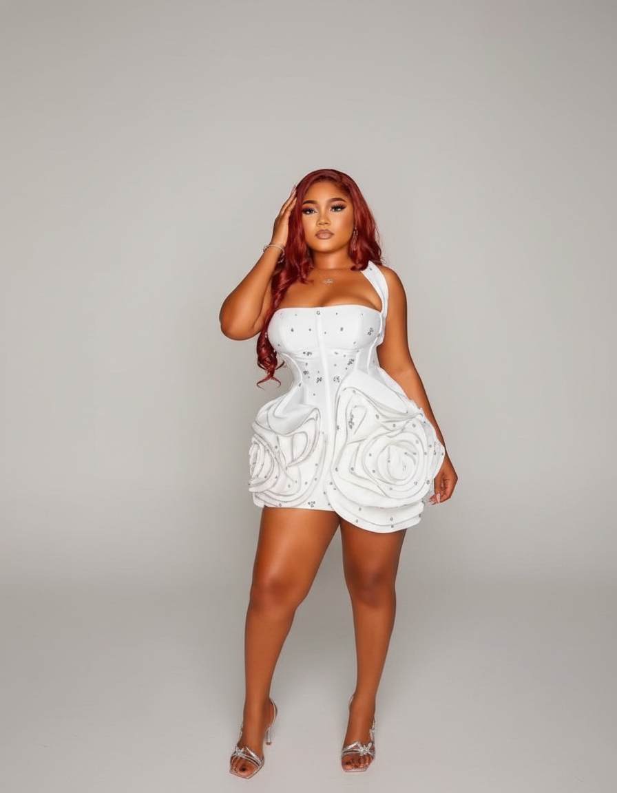 Elegant White Corset Mini Dress with Floral Appliqué