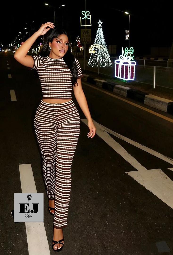 Women's Brown and White Striped Two-Piece Knit Set