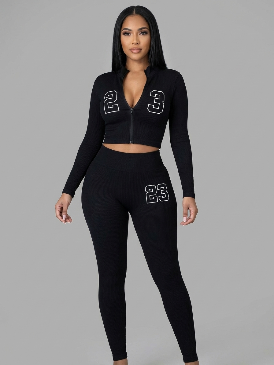 Elise Ribbed Zip-Up Crop Top and Legging Set thumbnail 2