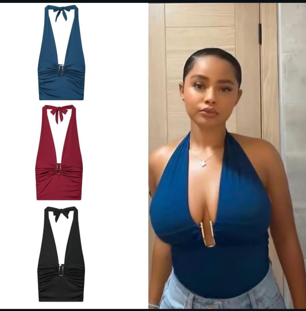 Women's Plunging Halter Neck Ruched Bodysuit with Metal Detail