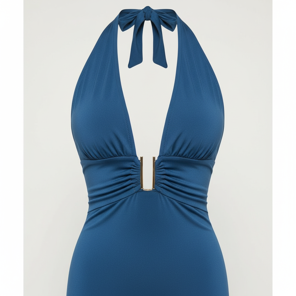 Women's Plunging Halter Neck Ruched Bodysuit with Metal Detail thumbnail 2