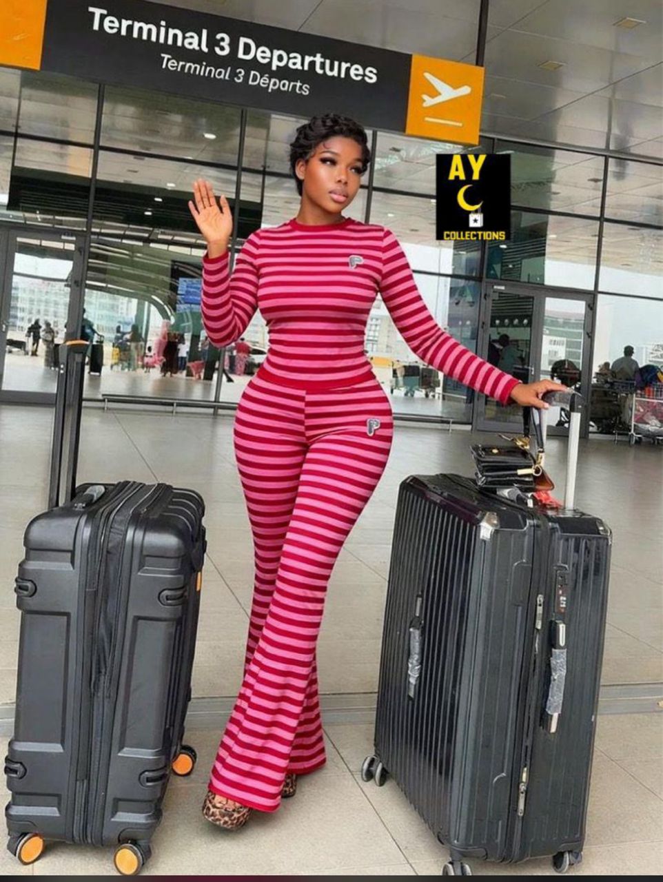 Women's Striped Long-Sleeve Flare Leg Jumpsuit thumbnail 2