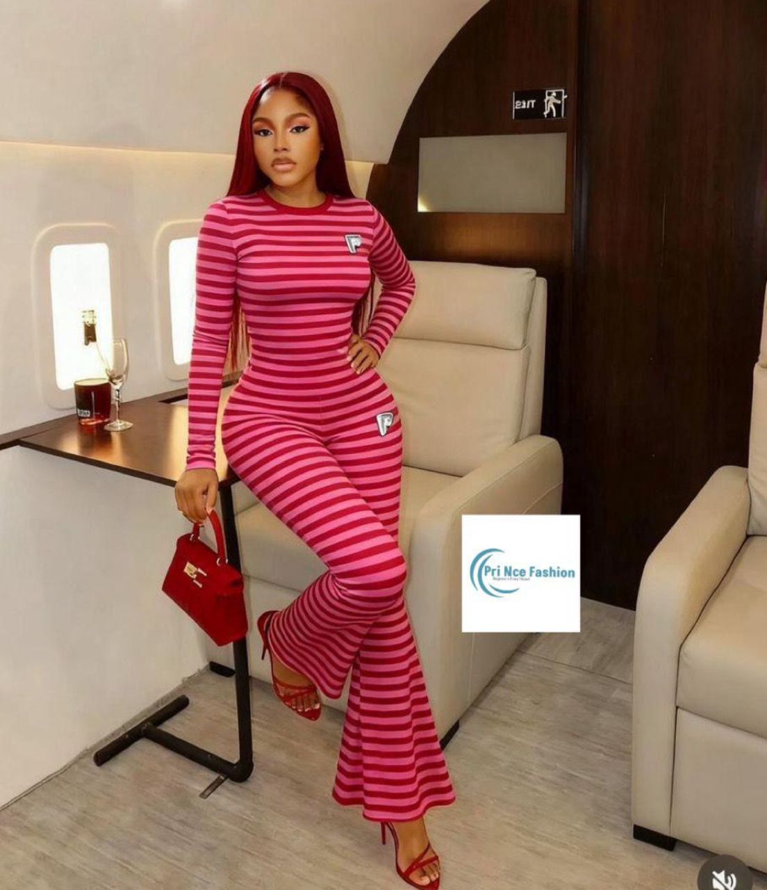 Women's Striped Long-Sleeve Flare Leg Jumpsuit