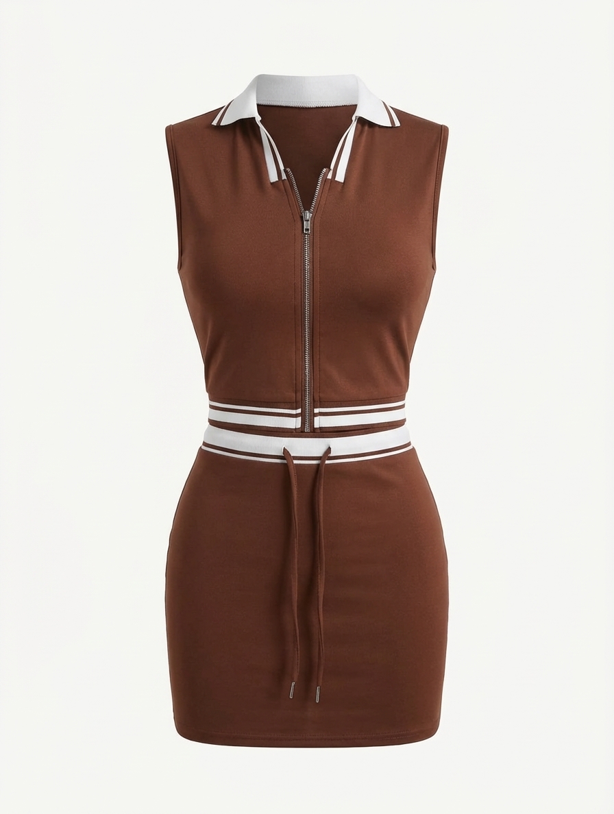 Women's Sleeveless Zip-Up Polo Mini Dress with Drawstring Waist