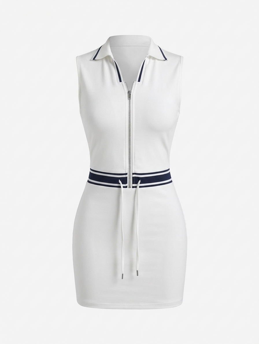 Women's Sleeveless Zip-Up Polo Mini Dress with Drawstring Waist thumbnail 2