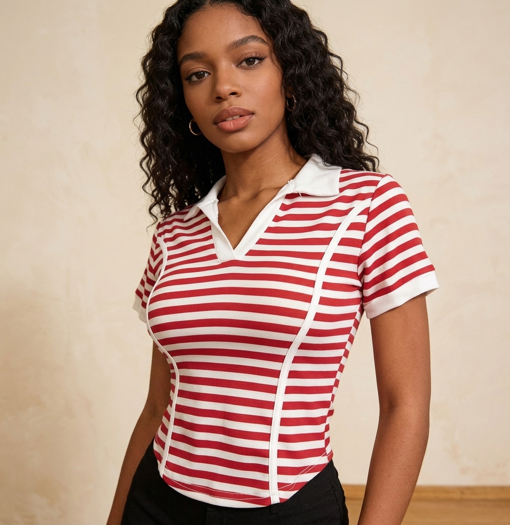 Striped collared short-sleeve fitted top