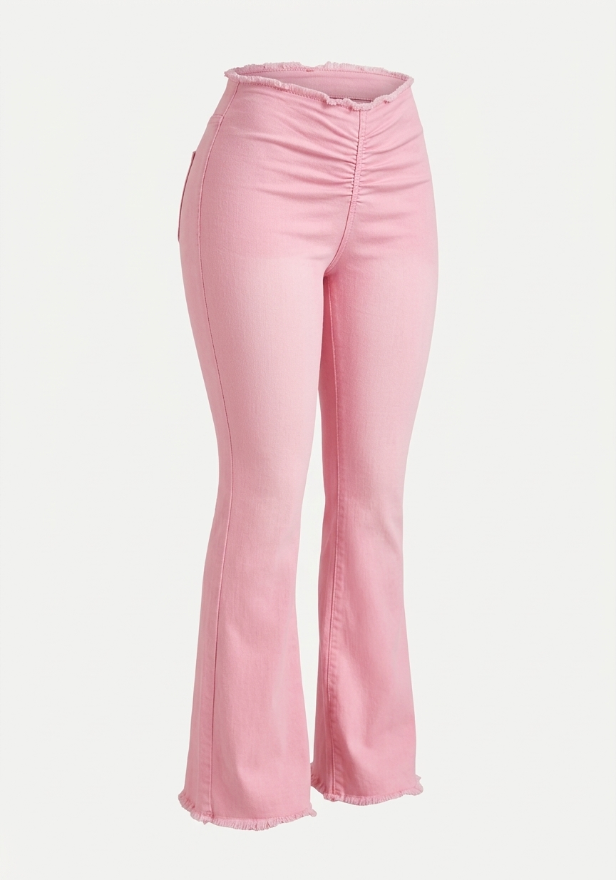 High-Waisted Ruched Flare Jeans with Raw Hem