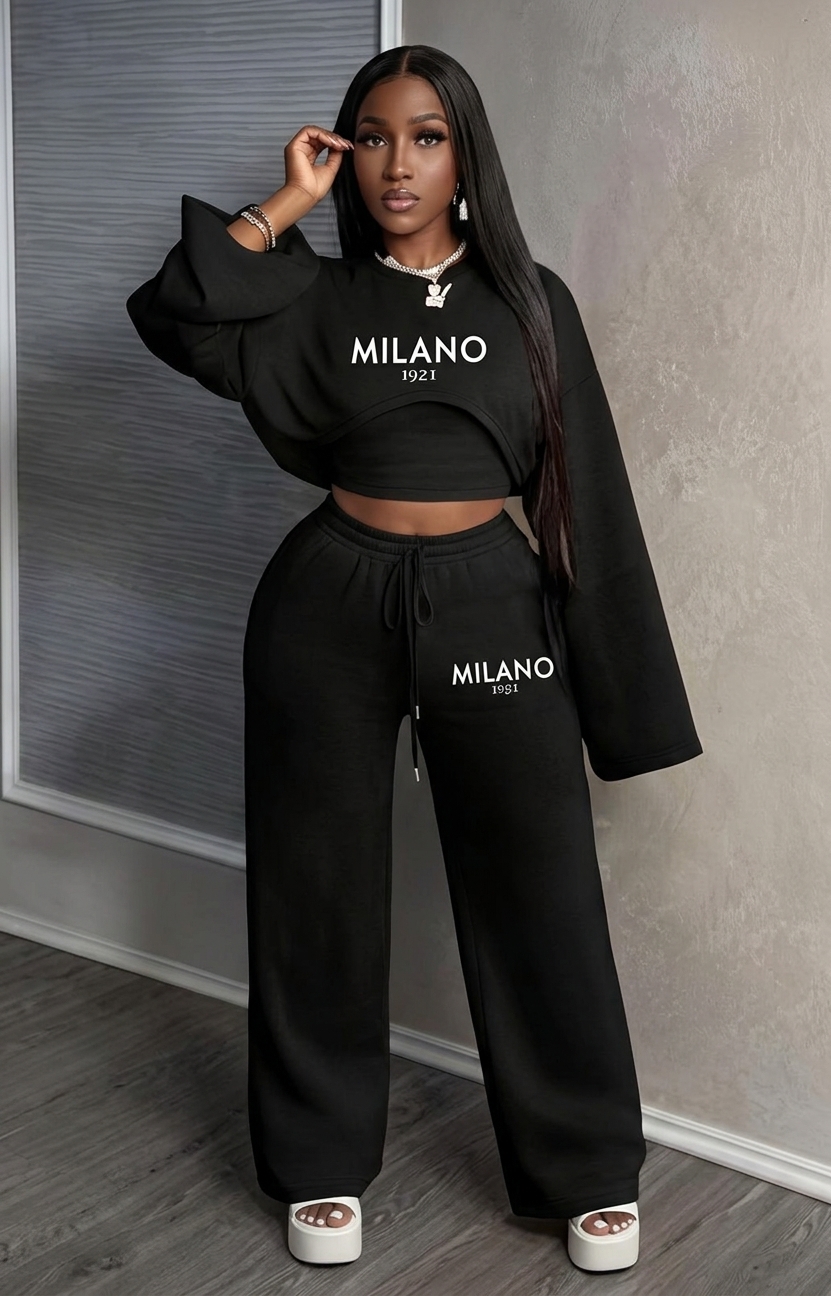 Milano Print Cropped Hoodie and Wide Leg Joggers Set
