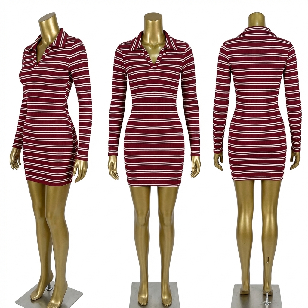 Women's Striped Ribbed Long Sleeve Polo Mini Dress thumbnail 2
