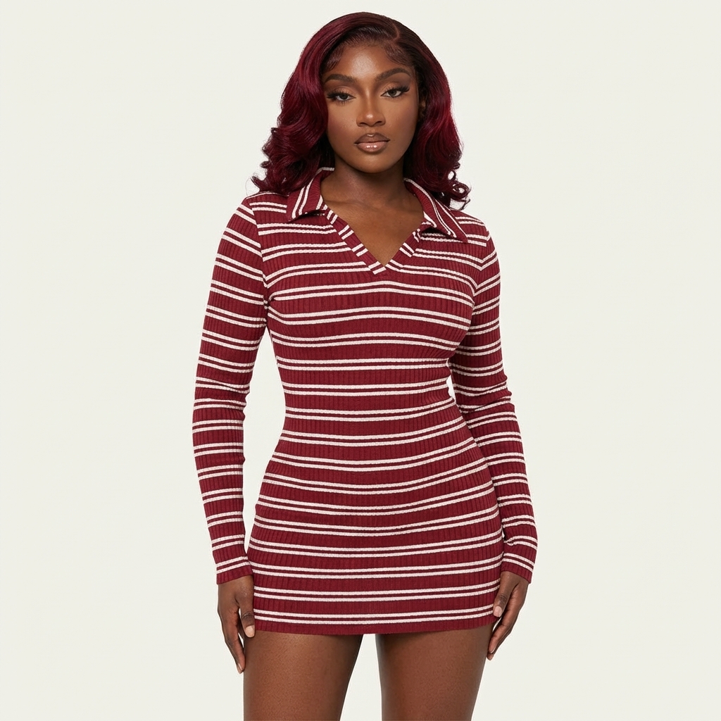 Women's Striped Ribbed Long Sleeve Polo Mini Dress thumbnail 3