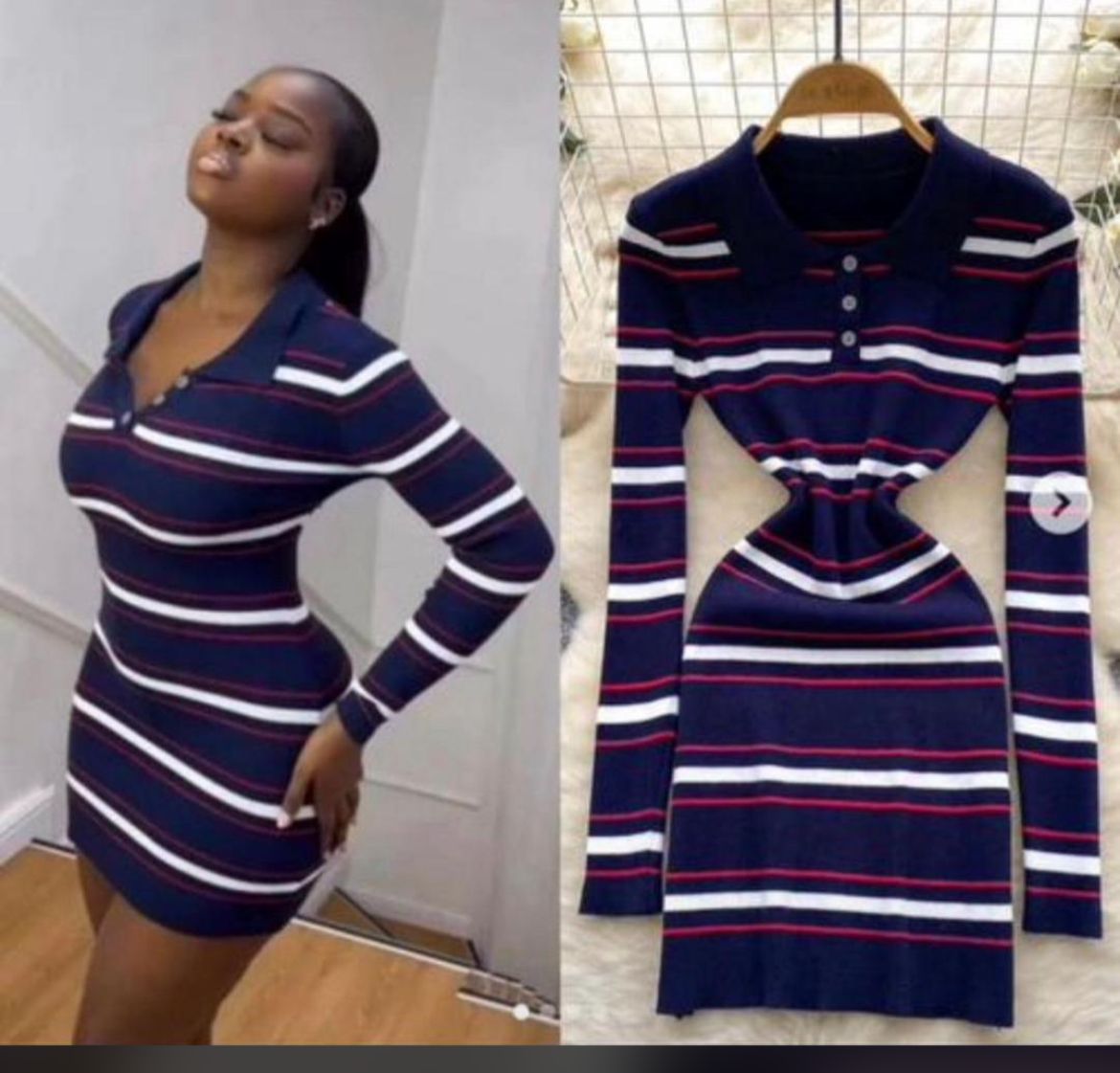 Women's Striped Long-Sleeve Bodycon Polo Dress thumbnail 3