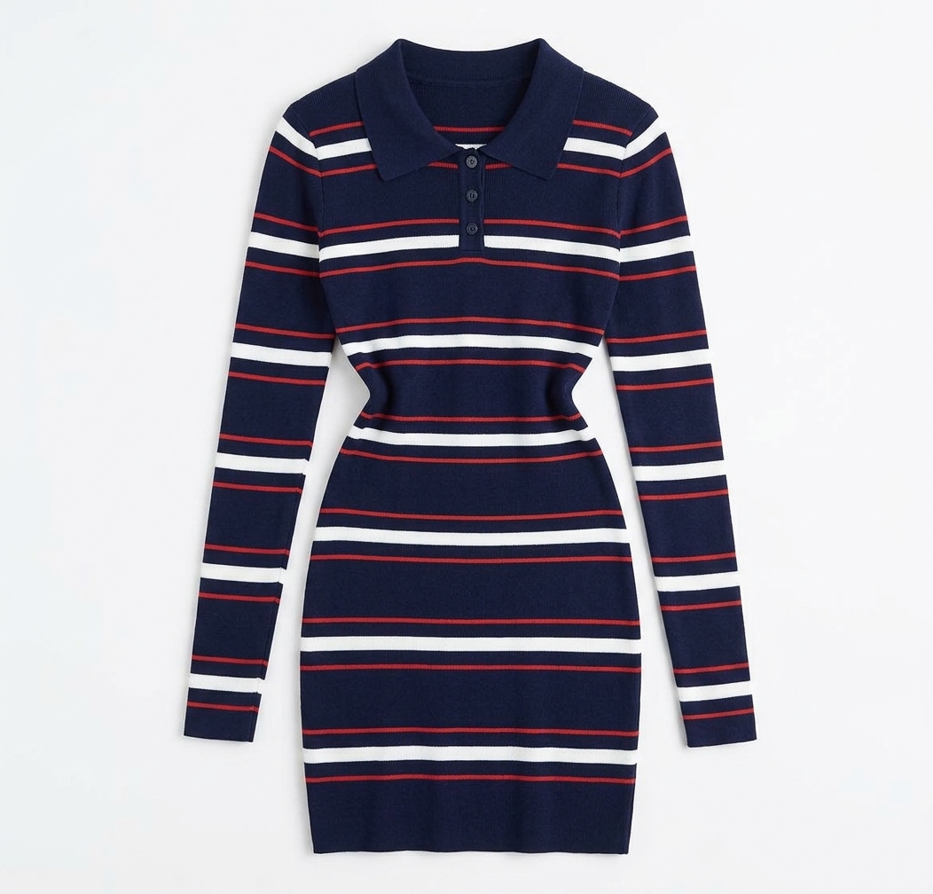 Women's Striped Long-Sleeve Bodycon Polo Dress thumbnail 2