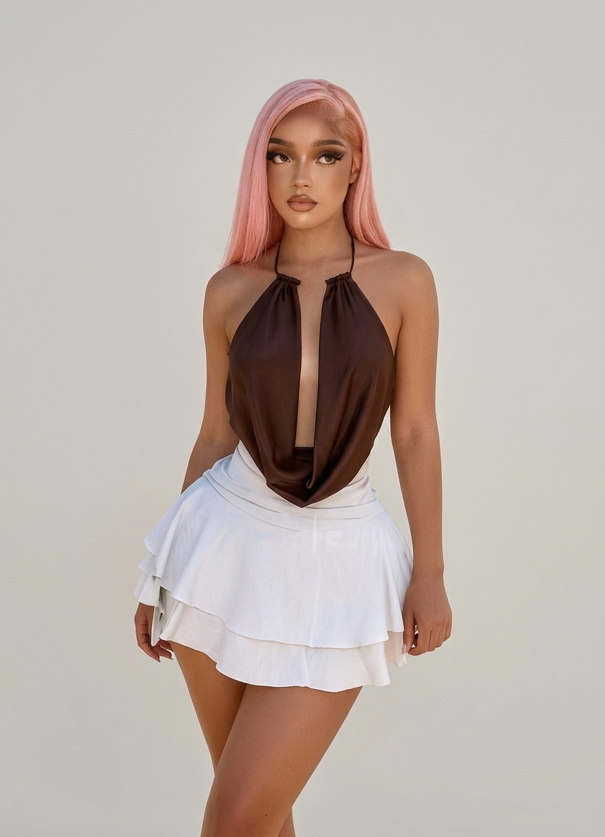 Draped Halter Neck Bodysuit with Tiered Skirt Set