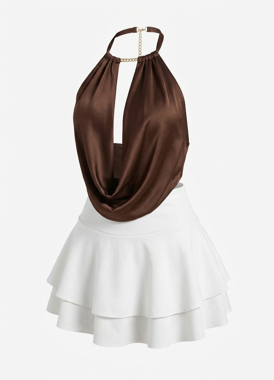 Draped Halter Neck Bodysuit with Tiered Skirt Set thumbnail 3