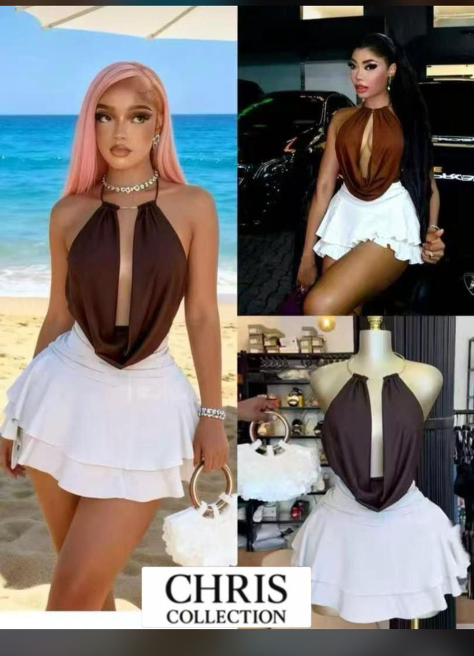 Draped Halter Neck Bodysuit with Tiered Skirt Set thumbnail 2