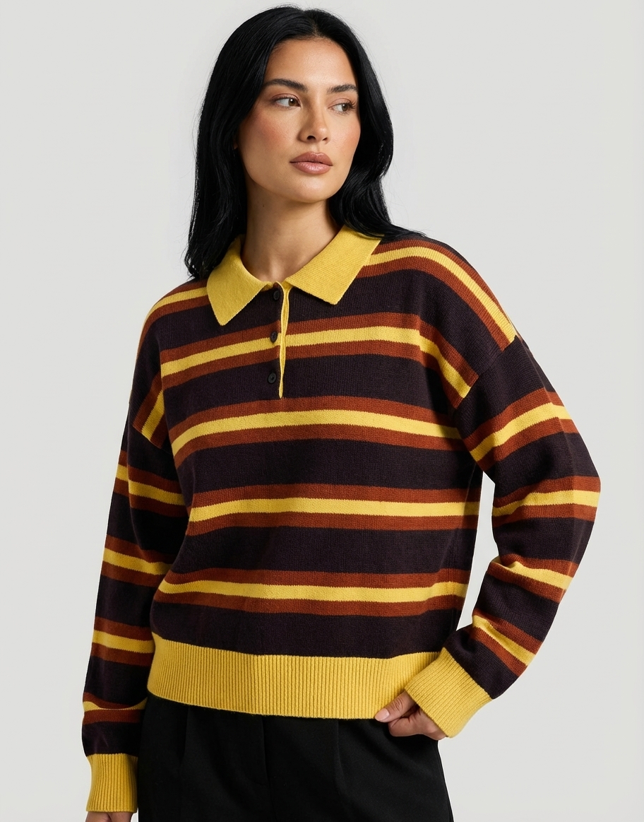Women's Striped Knit Polo Sweater - Yellow & Brown thumbnail 2