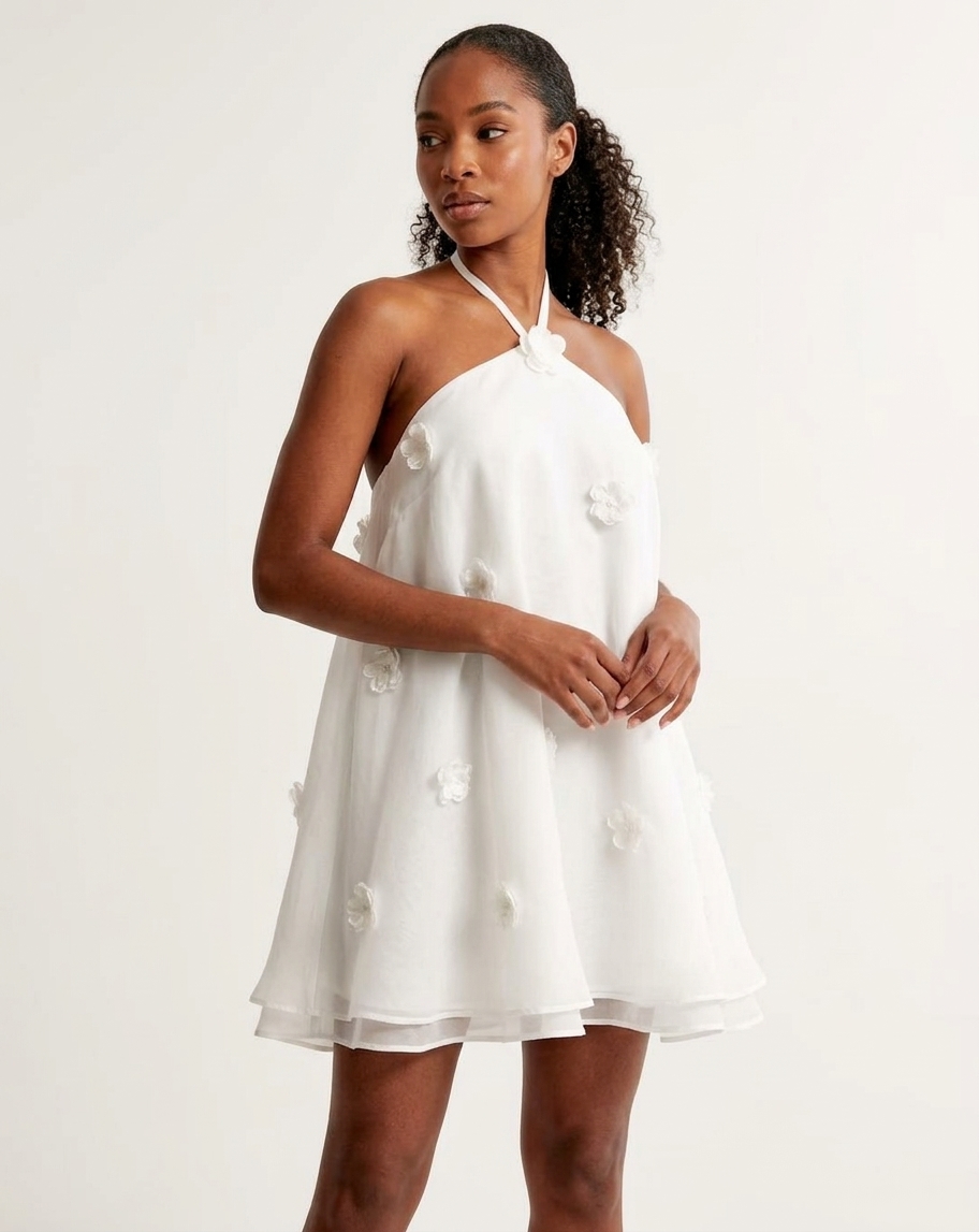 Big Farid Floral Appliqué Halter Mini Dress