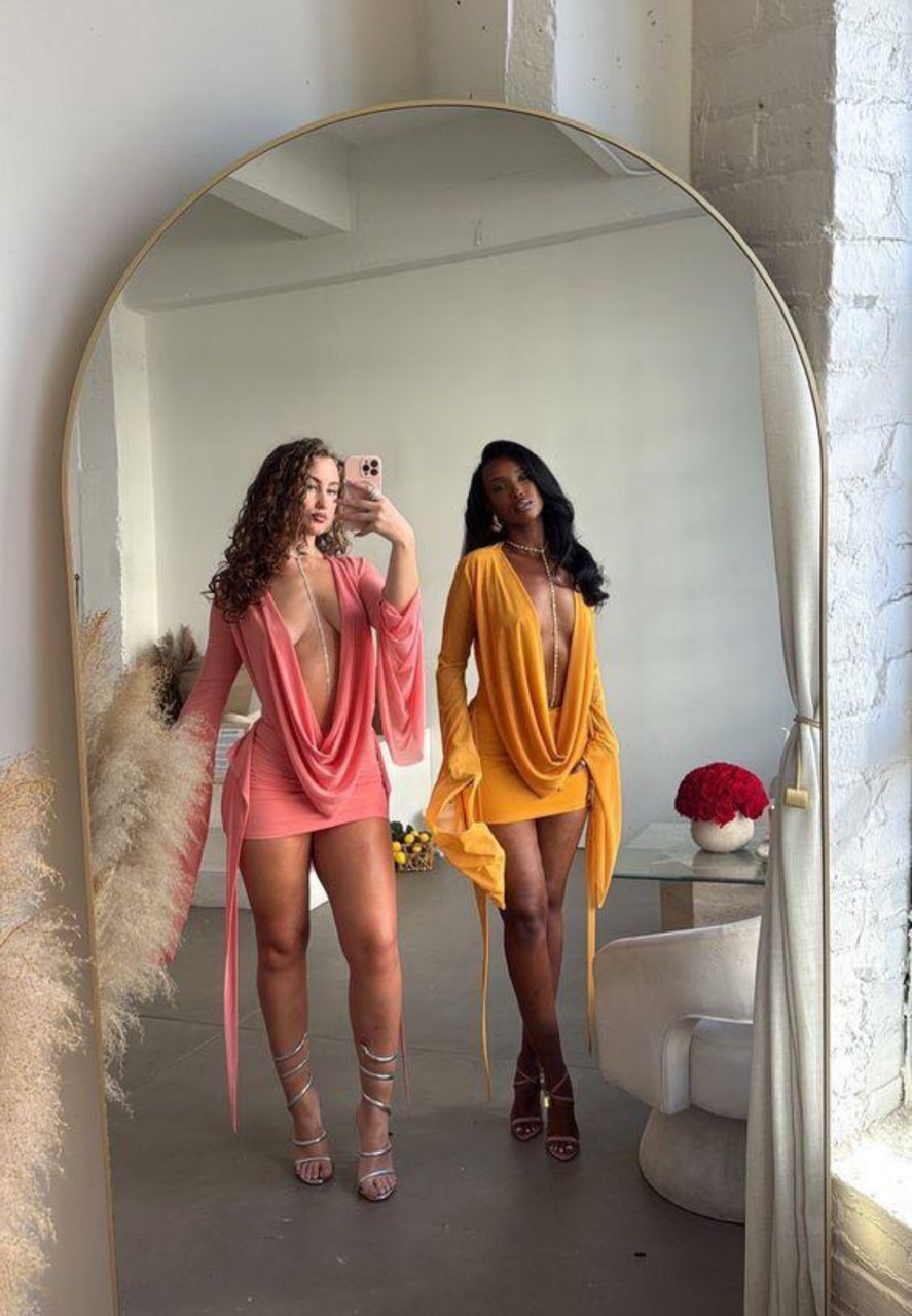 Draped Cowl Neck Long Sleeve Mini Dress