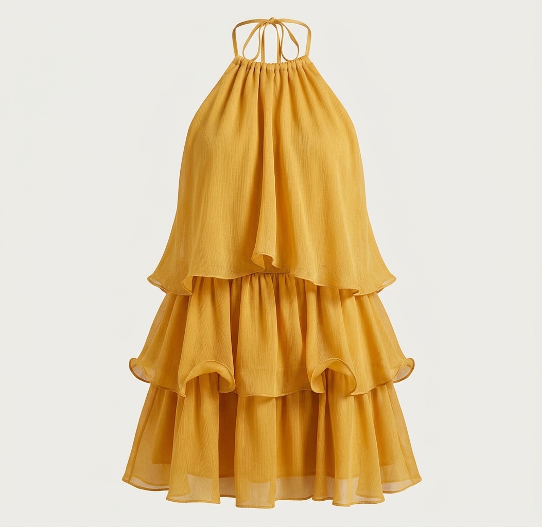 Women's Mustard Yellow Tiered Halter Mini Dress thumbnail 2