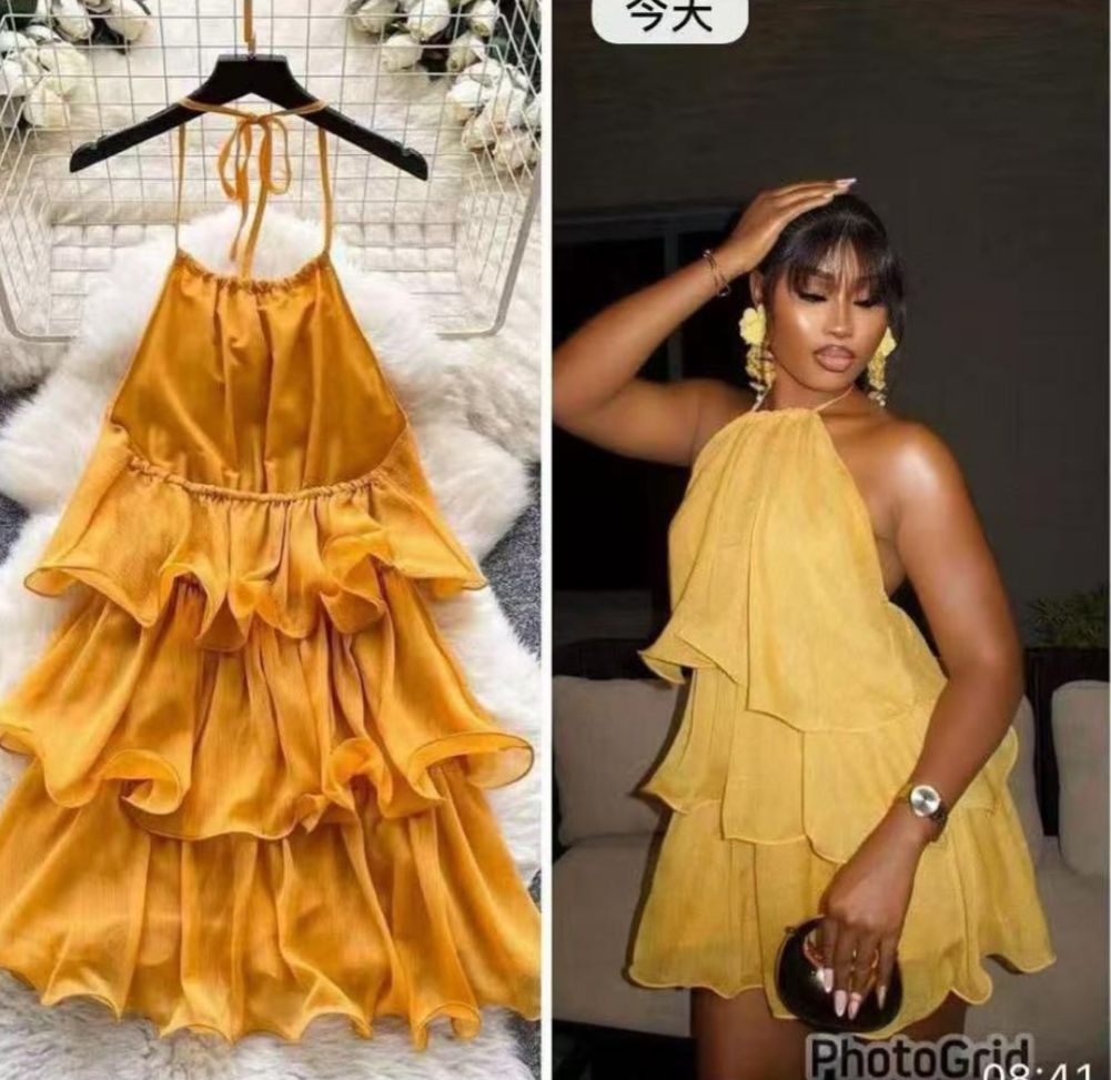 Women's Mustard Yellow Tiered Halter Mini Dress thumbnail 3