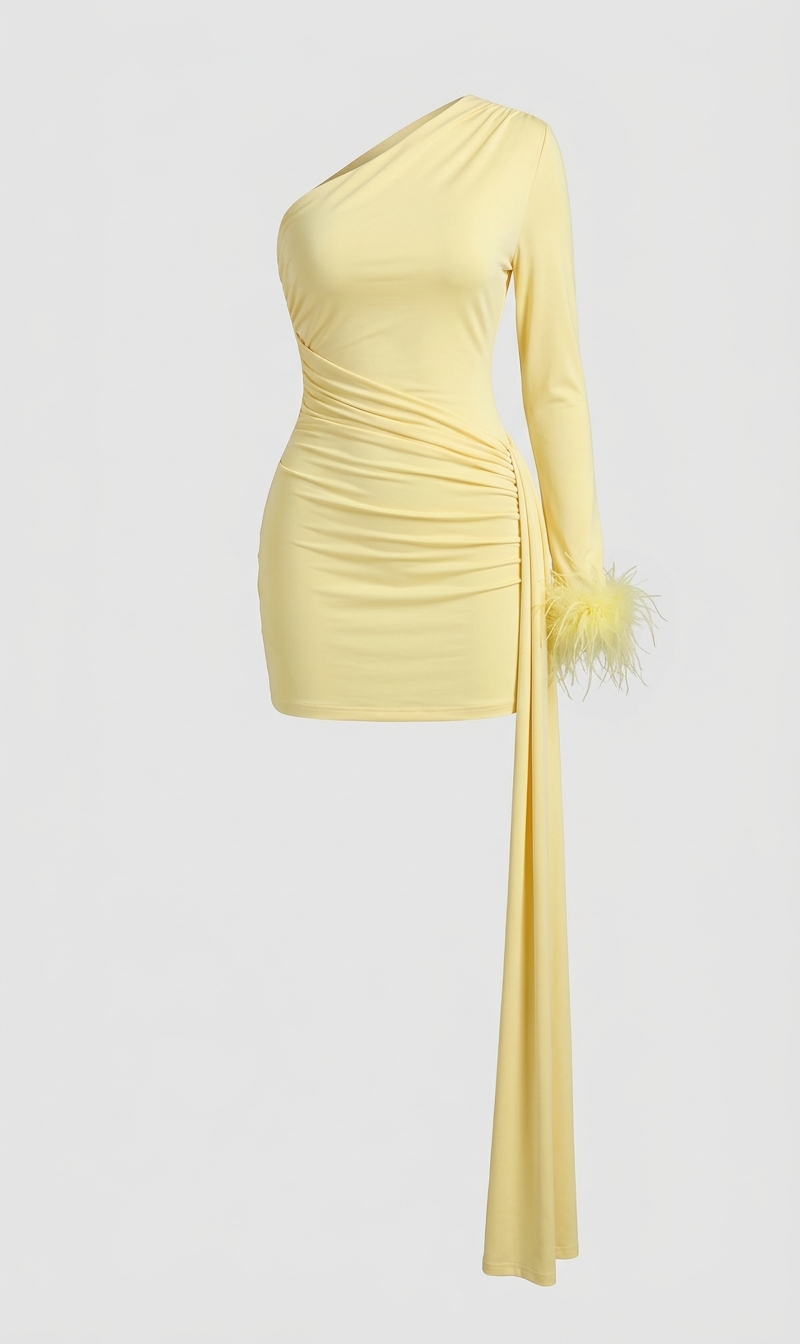 One-Shoulder Ruched Mini Dress with Feather Cuffs thumbnail 2