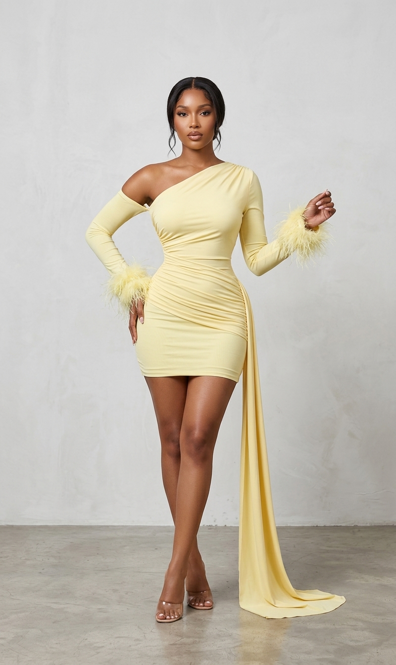 One-Shoulder Ruched Mini Dress with Feather Cuffs