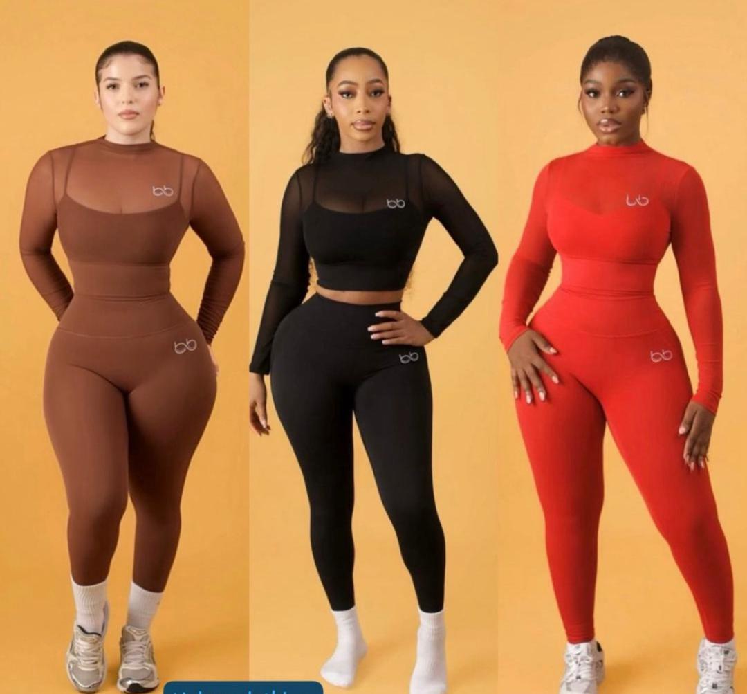 Women's Long Sleeve Mesh Overlay Two-Piece Set