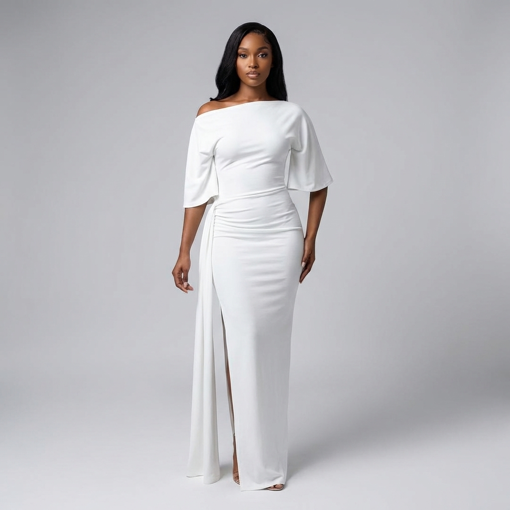 Elegant Asymmetric Draped Maxi Evening Gown with Side Slit thumbnail 2