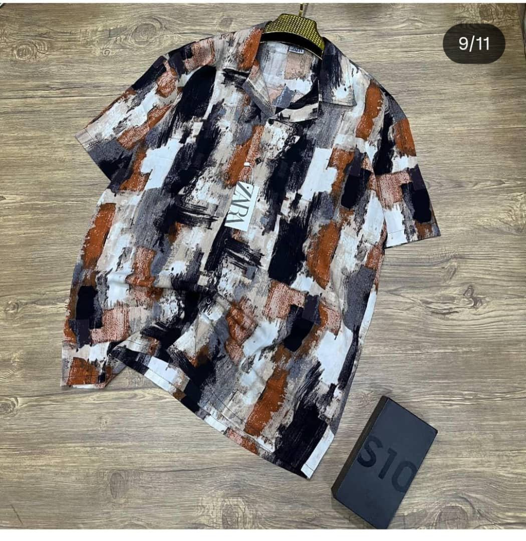 Zara Men's Abstract Print Short Sleeve Button-Down Shirt