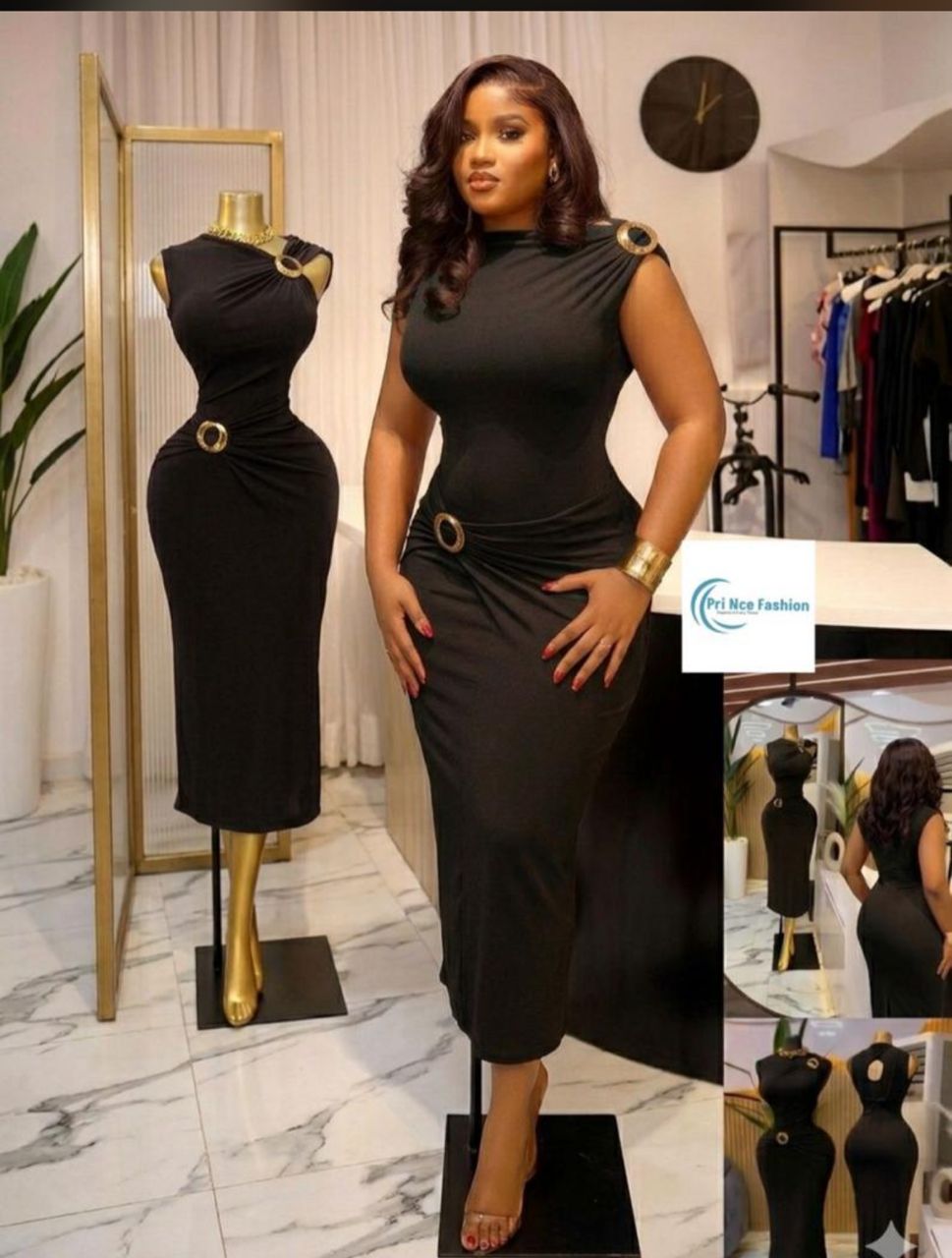 Elegant Sleeveless Bodycon Midi Dress with Gold Ring Detail