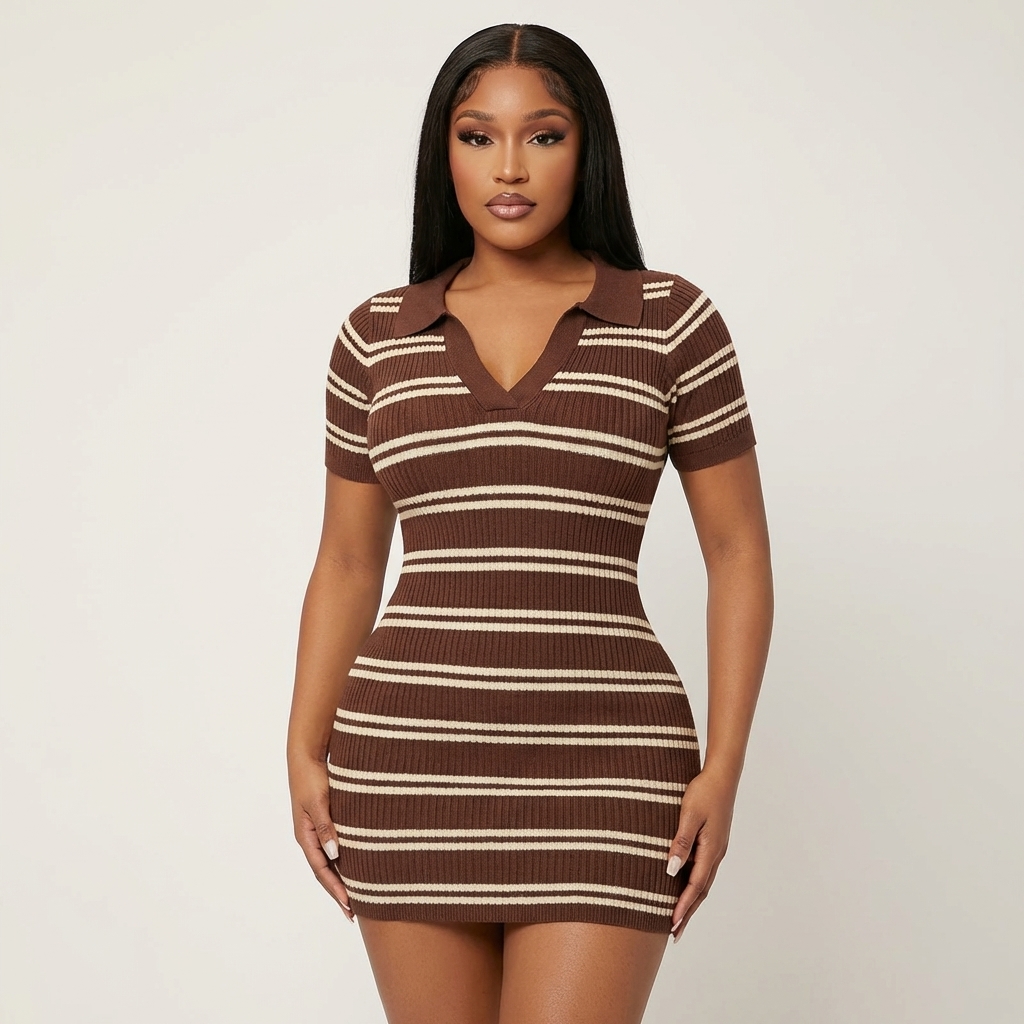 Women's Brown Striped Ribbed Polo Mini Dress