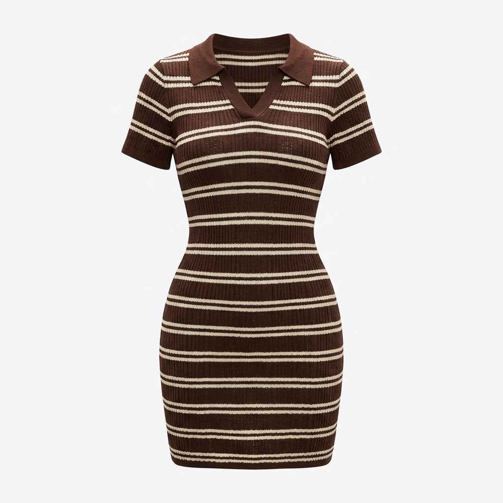 Women's Brown Striped Ribbed Polo Mini Dress thumbnail 2
