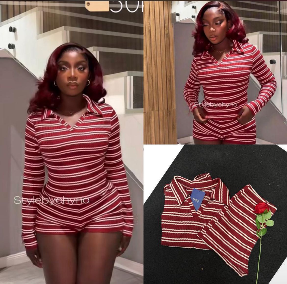 Women's Striped Ribbed Polo Lounge Set - Burgundy & White