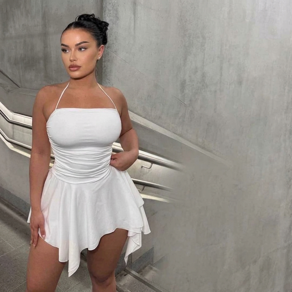 White Ruched Asymmetrical Halter Mini Dress