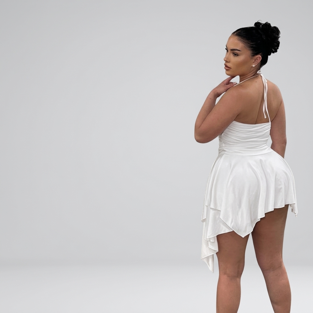 White Ruched Asymmetrical Halter Mini Dress thumbnail 2