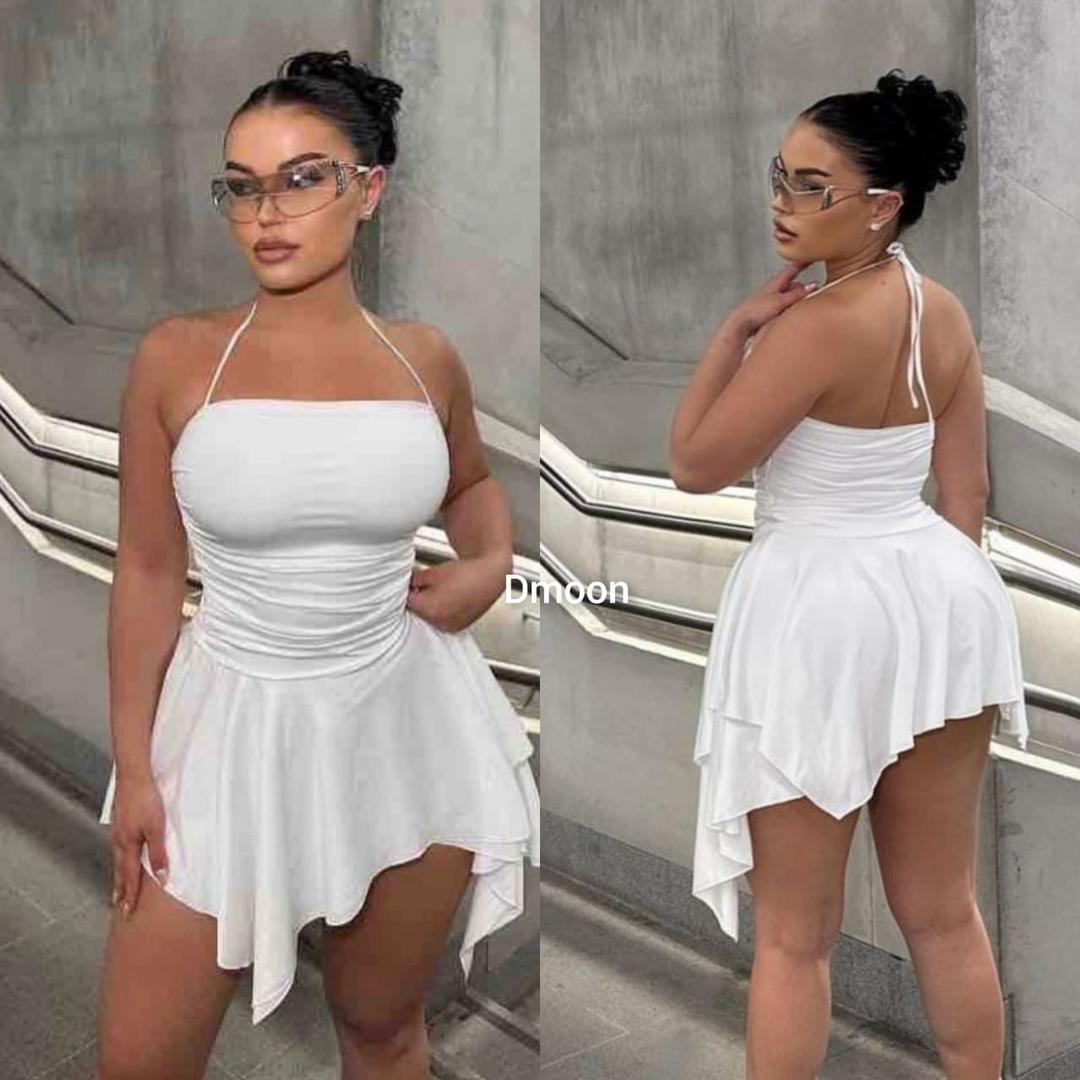 White Ruched Asymmetrical Halter Mini Dress thumbnail 3