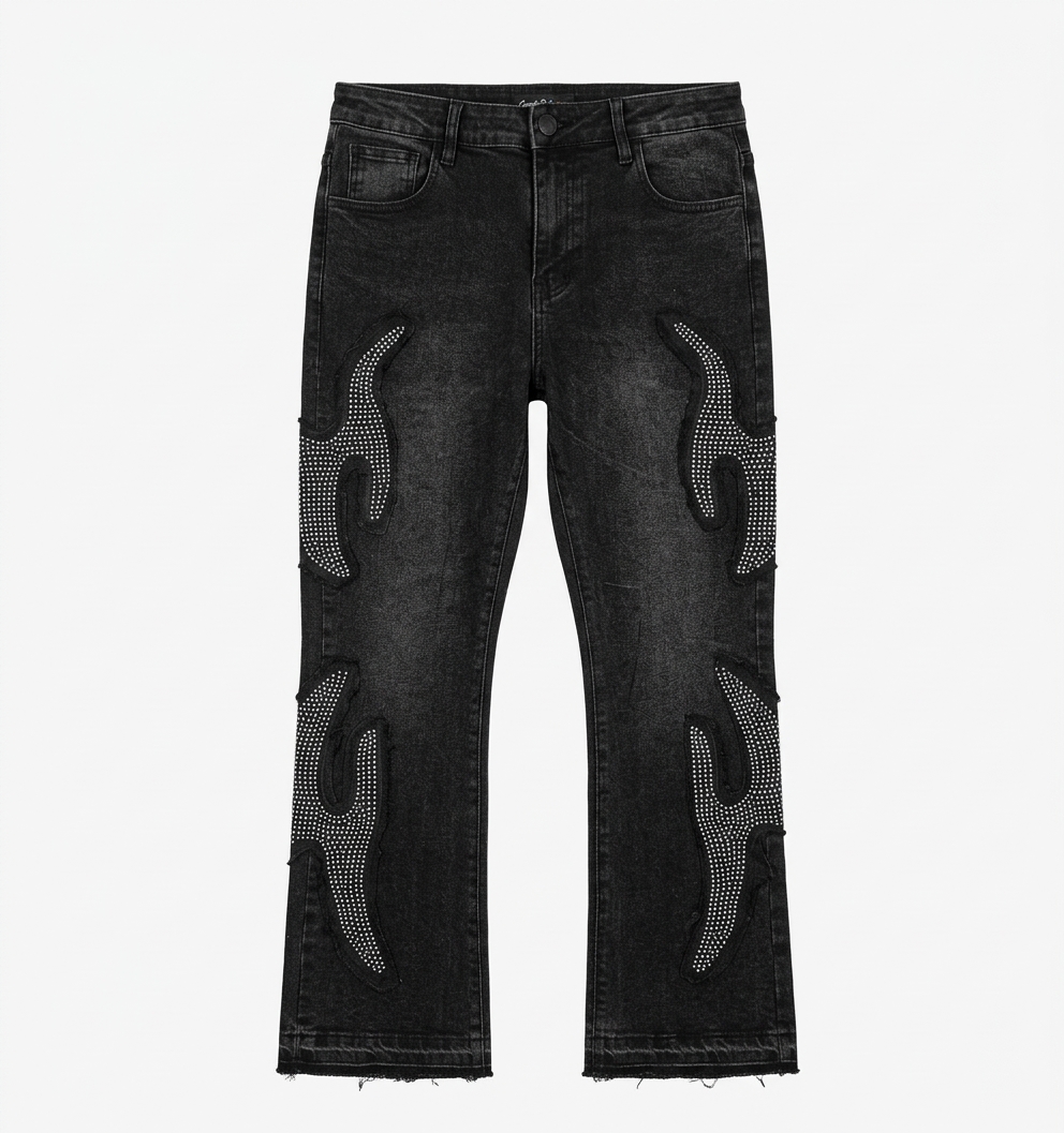 Men's Rhinestone Flame Detail Black Denim Jeans