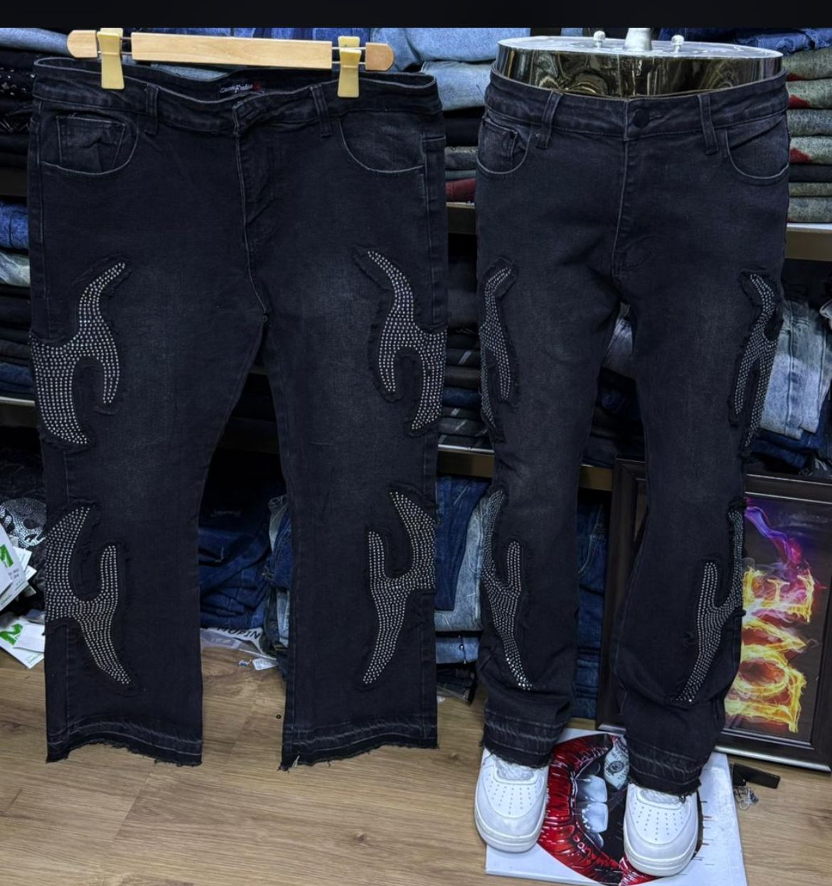 Men's Rhinestone Flame Detail Black Denim Jeans thumbnail 2