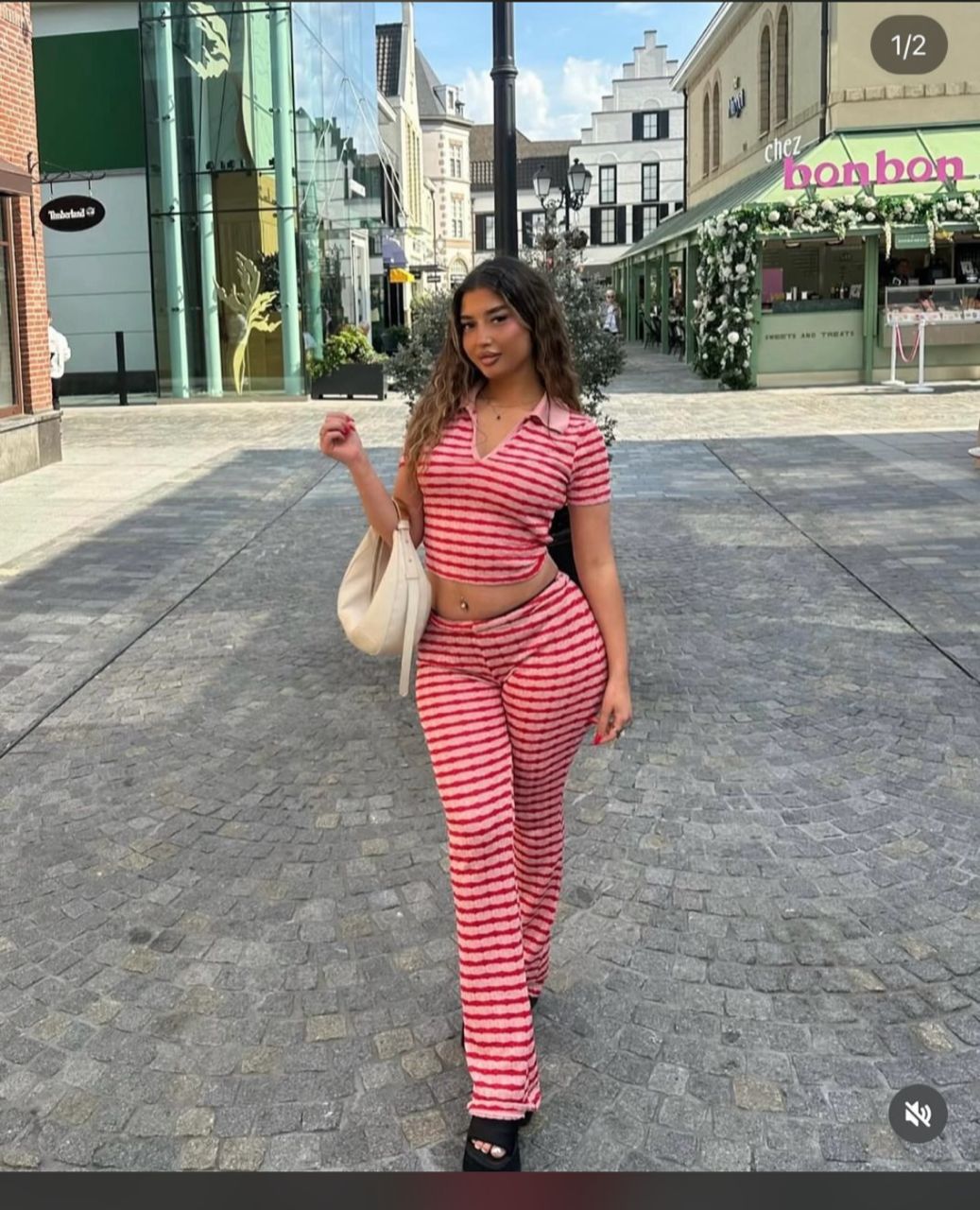 Women's Pink Striped Polo Crop Top and Wide-Leg Pant Two-Piece Set