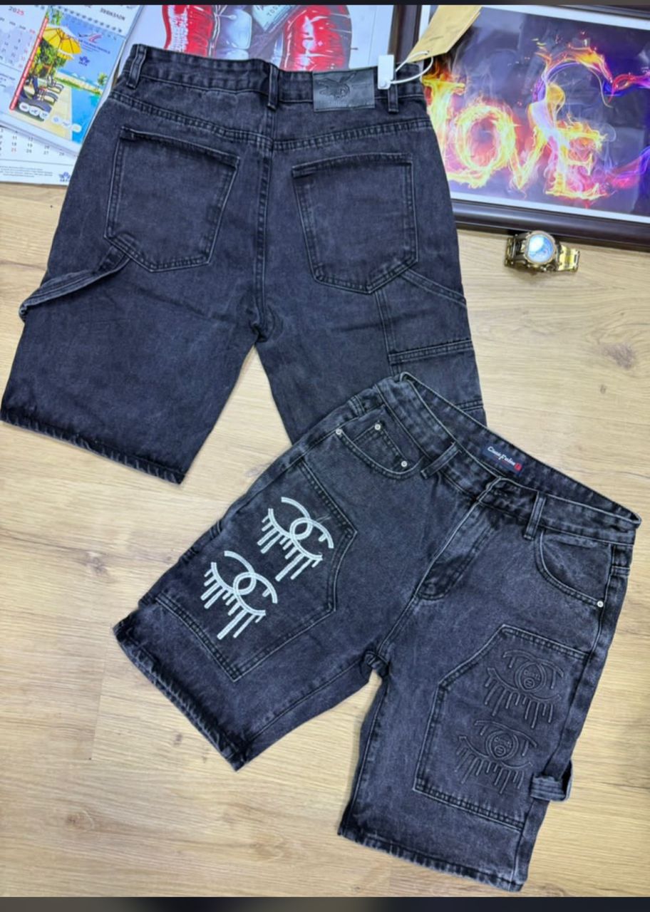 Men's Designer Embroidered Black Denim Shorts thumbnail 2