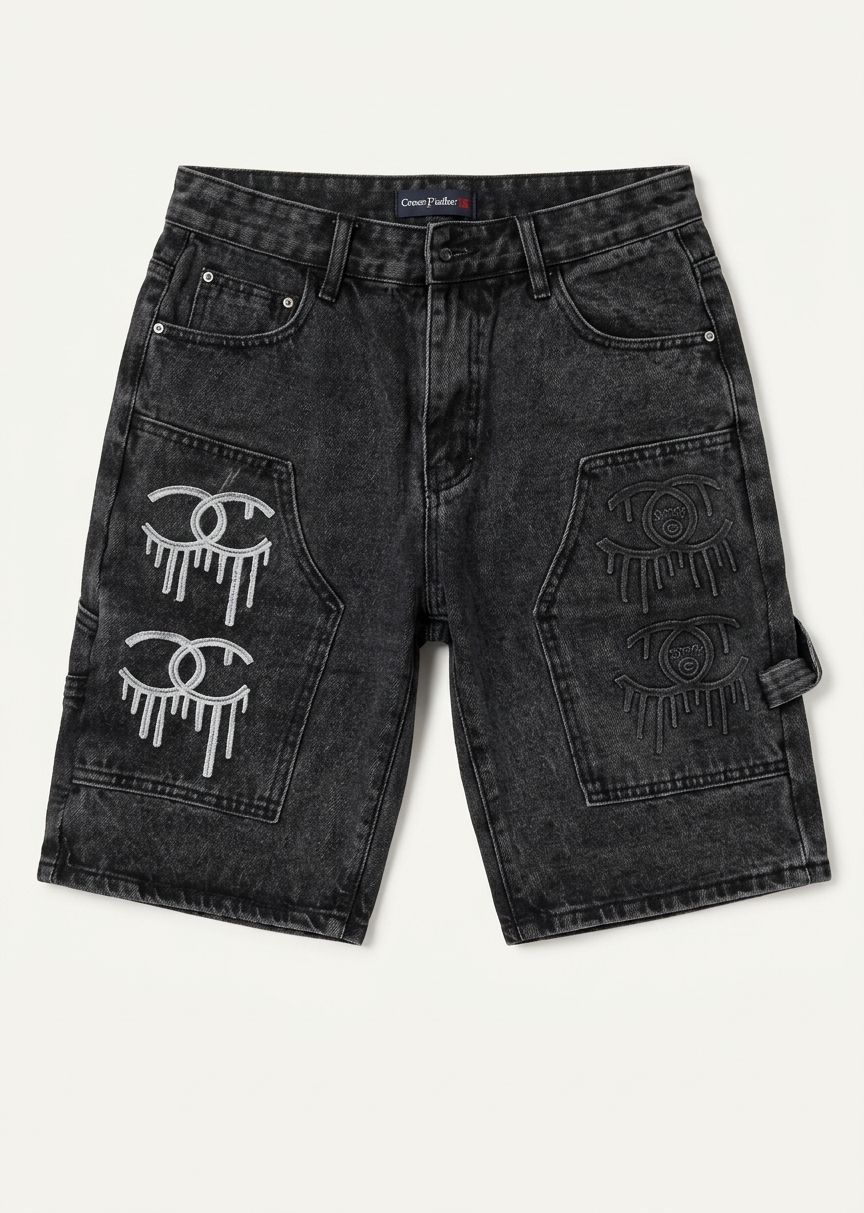 Men's Designer Embroidered Black Denim Shorts