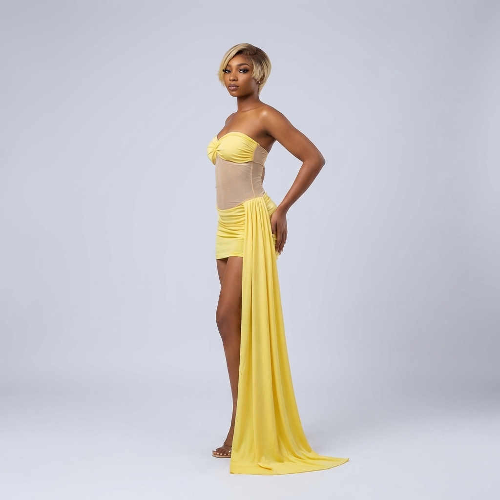 Strapless Mesh-Panel Mini Dress with Dramatic Side Drapes thumbnail 2