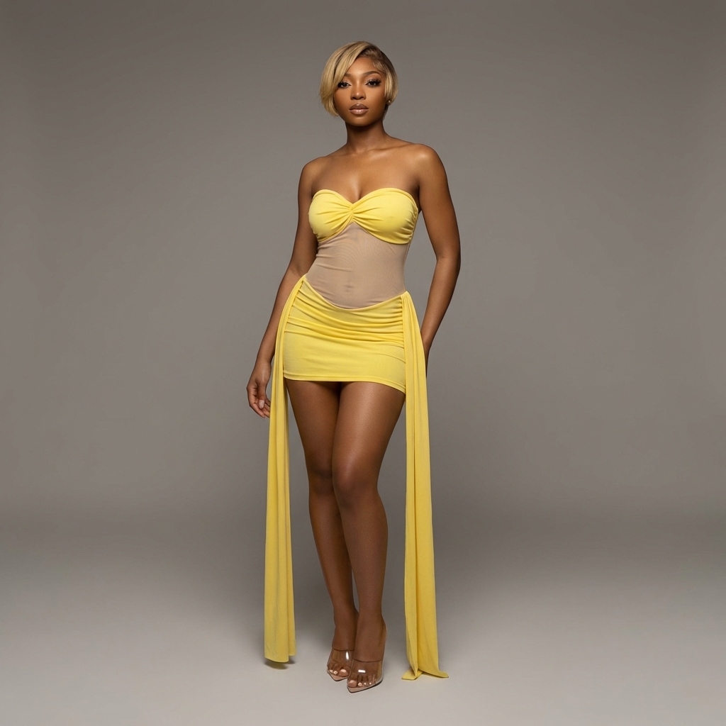 Strapless Mesh-Panel Mini Dress with Dramatic Side Drapes