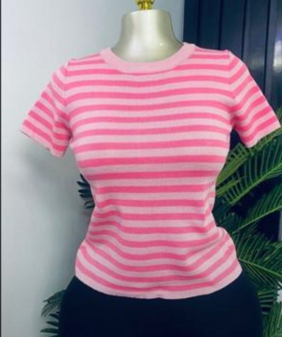Women's Pink Striped Ribbed Knit Short Sleeve Top
